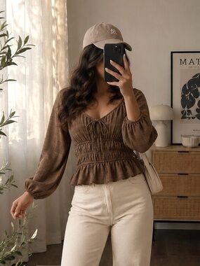 Dizzy Lizzy NWT Brown Plaid Peasant Top L, Cottagecore Milkmaid Blouse